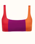 Talia Collins The Tricolor Athletic Top in Red, plum and orange. Sustainable swimwear made from recycled materials. Sports bra style bikini top. Scoop neck with full coverage bikini bathing suit top. Color block. Experience 27 Madrid. Product photo front view.