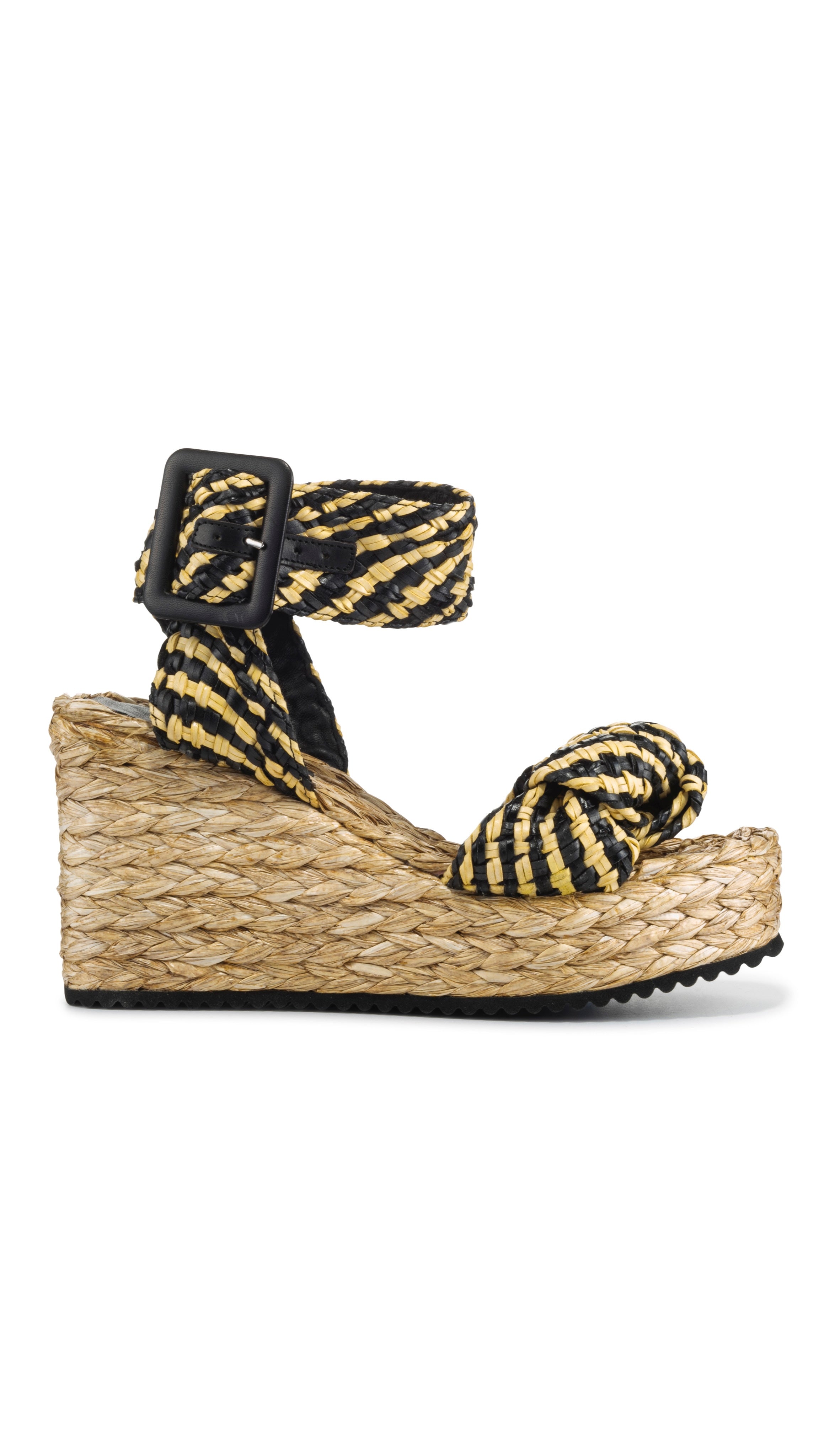Dodo Bar Or Penelope Wedge Experience 27 Platform sandal with faux yellow and black leather details and raffia base.
