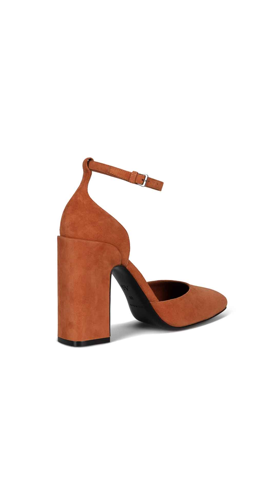 Fabrizio Viti Loren Pump High Heel Created from the most sophisticated suede, this heeled wonder in a caramel brown hue is Fabrizio&#39;s contemporary take on the classic Mary Jane. Chunky heel and suede ankle strap. Caramel color suede.
