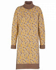 Clea Stuart silk and cotton knit. Oversized comfortable dress with turtle neck in yellow, taupe and ecru.  Front view product photo.