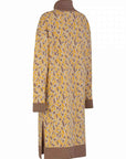 Clea Stuart silk and cotton knit. Oversized comfortable dress with turtle neck in yellow, taupe and ecru.  Back view.